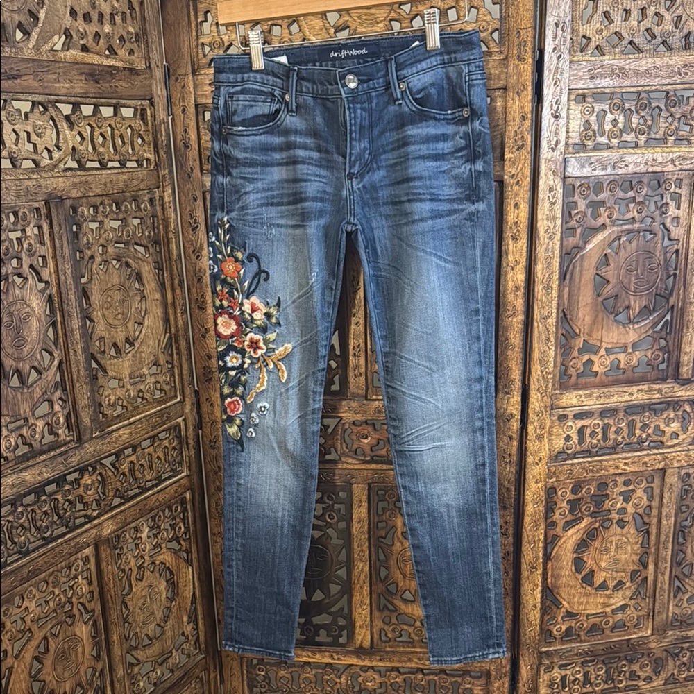 DRIFTWOOD Dark Blue Jeans with Colorful Floral Embroidery